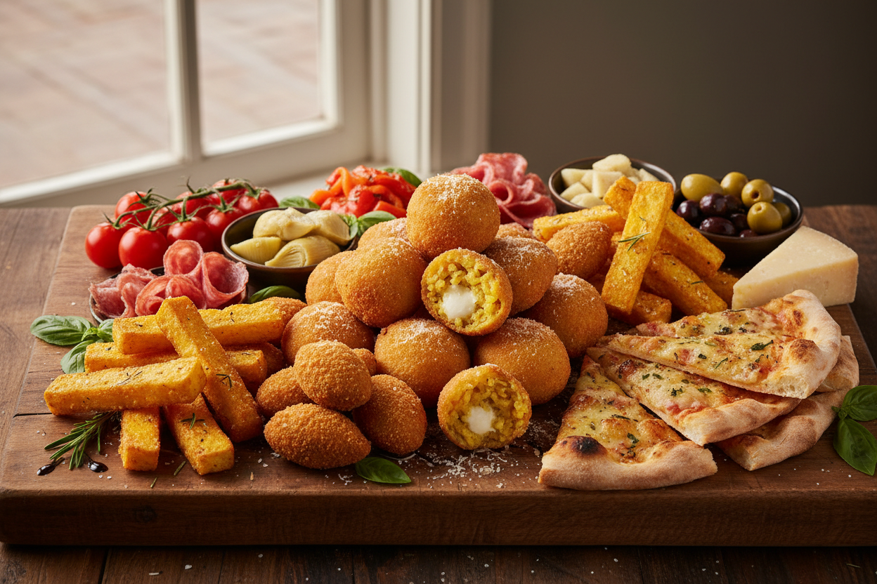 Antipasto platter with polenta chips, arancini, olives, salami, pizza