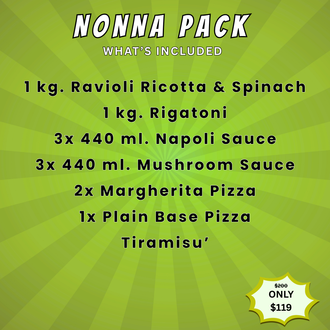 A green promotional graphic for a 'NONNA PACK' meal deal, listing included items such as pasta dishes, sauces, and pizzas on a sunburst background.