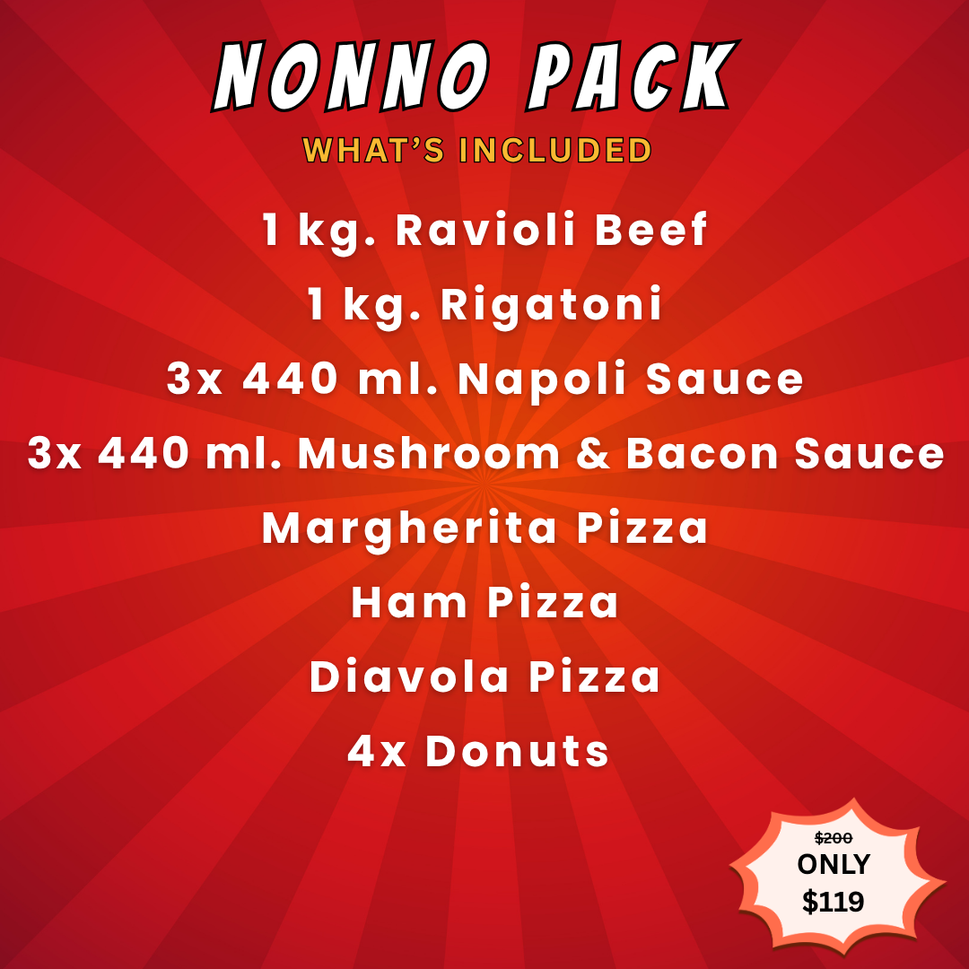 Promotional graphic for a 'Nonno Pack' meal deal on a red sunburst background.
